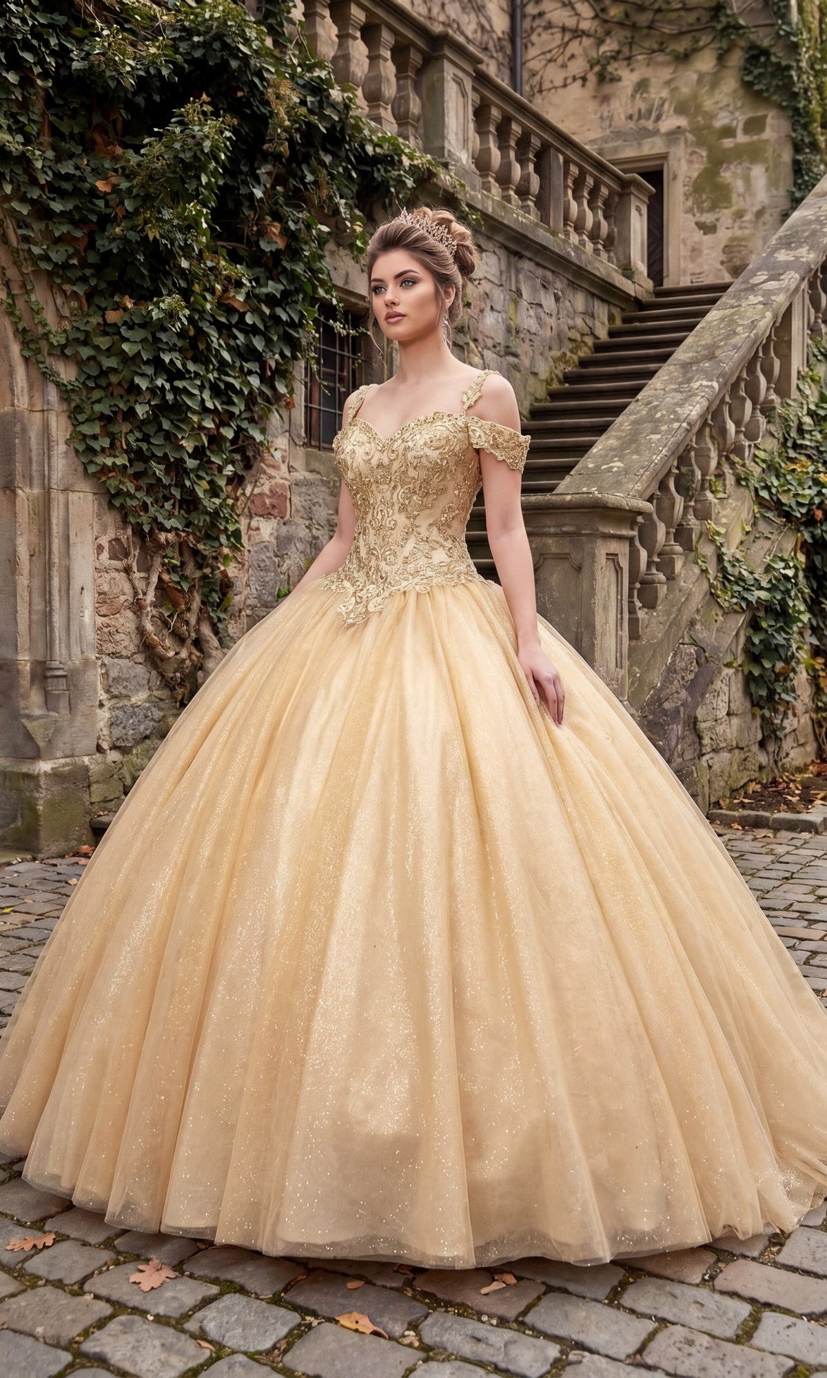 A woman in the Chicas C1535 quinceanera dress, featuring an ornate champagne color and an embellished bodice with cold-shoulder details, stands on a cobblestone path by stone stairs and ivy-covered walls.